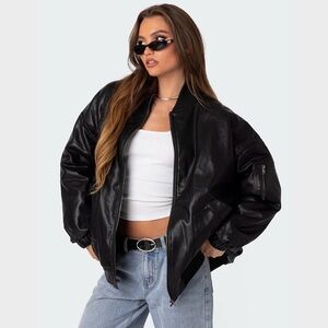 Edikted Faux Leather Bomber Jacket, Color: Black, Size: Medium, NWT